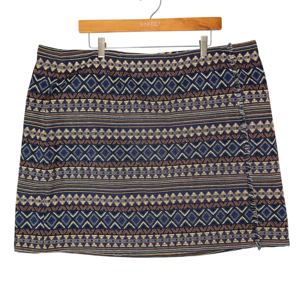 Cato Skirt Womens 22W Aztec Geometric Tribal Tapestry‎ Faux Wrap Fringe Boho
